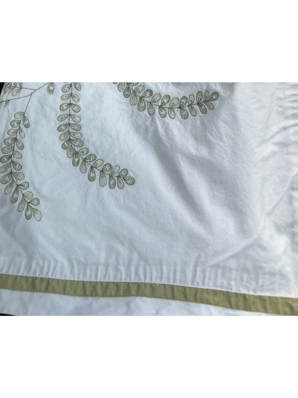 Pottery Barn Floral Embroidered Green Fern White Duvet Cover Botanical Queen